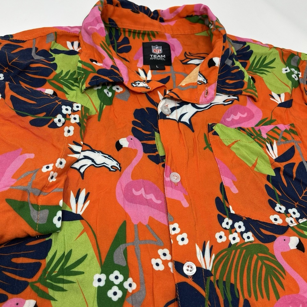 NFL Team Apparel Denver Broncos Men's L Hawaiian Shirt Flamingo Orange Aloha